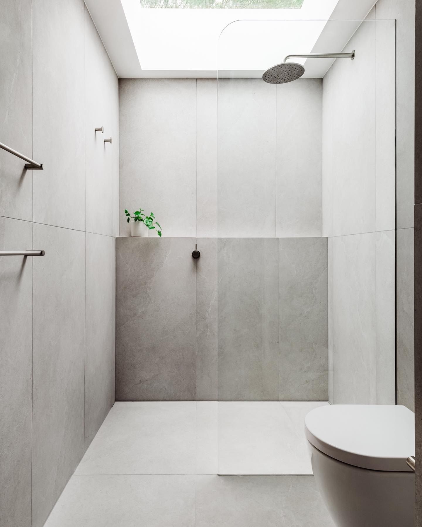 Modern minimalist bathroom with gray tiled walls, showerhead, toilet, and small plant — Escarpment Building in Austinmer, NSW