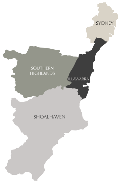 Map of Southern Highlands, Illawarra, Sydney and Shoalhaven regions in shades of gray — Escarpment Building in Austinmer, NSW