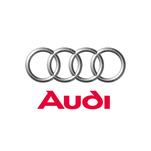 Audi logo with four silver rings above red “Audi” text on a white background