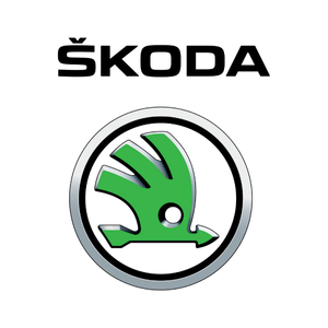 Škoda logo with green winged arrow emblem on a white background