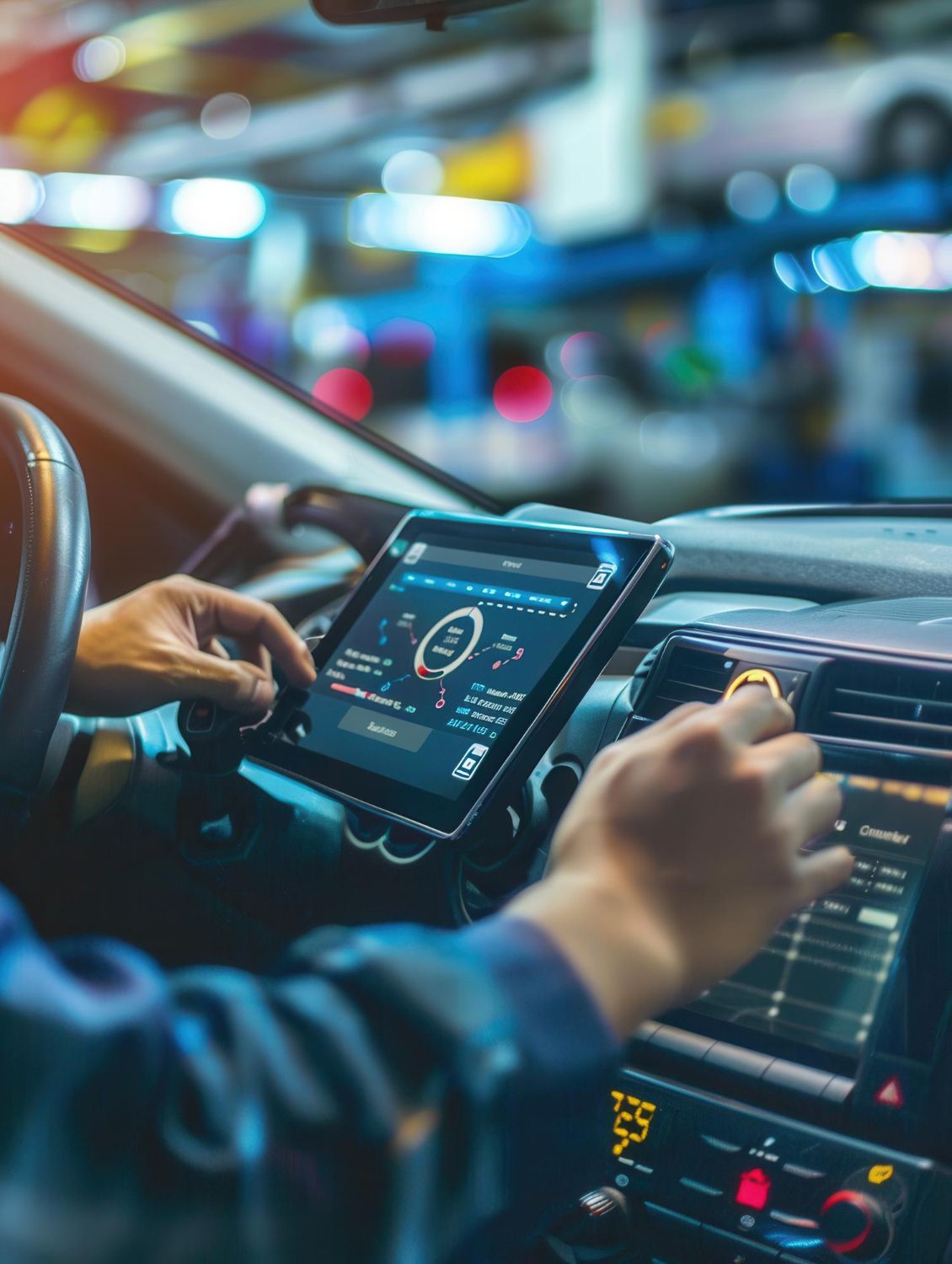 Driver using a car touchscreen dashboard at night with city lights reflected on the windshield