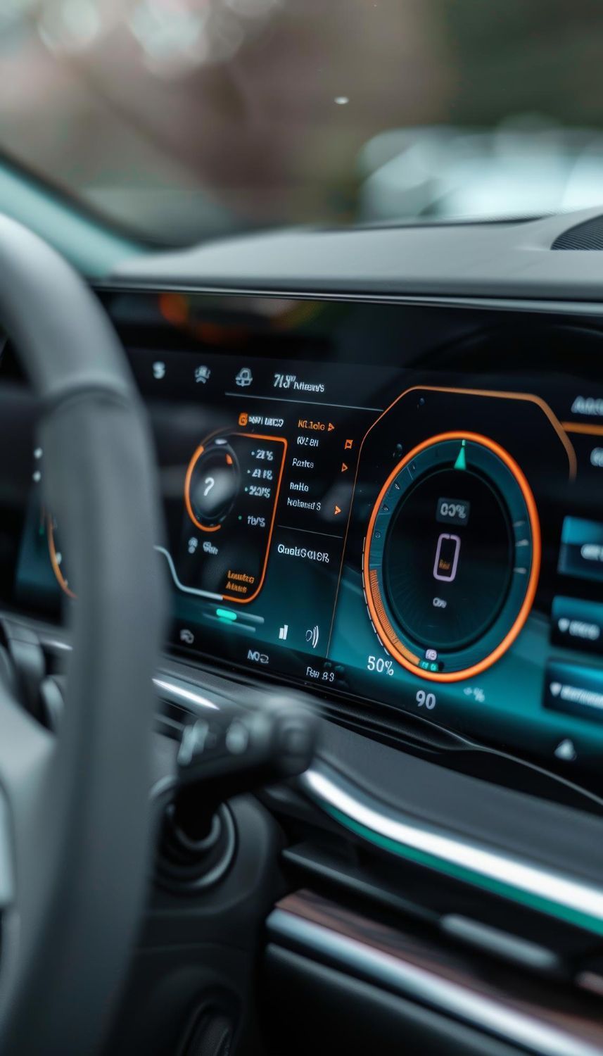Car dashboard with digital instrument cluster and infotainment display glowing blue and orange
