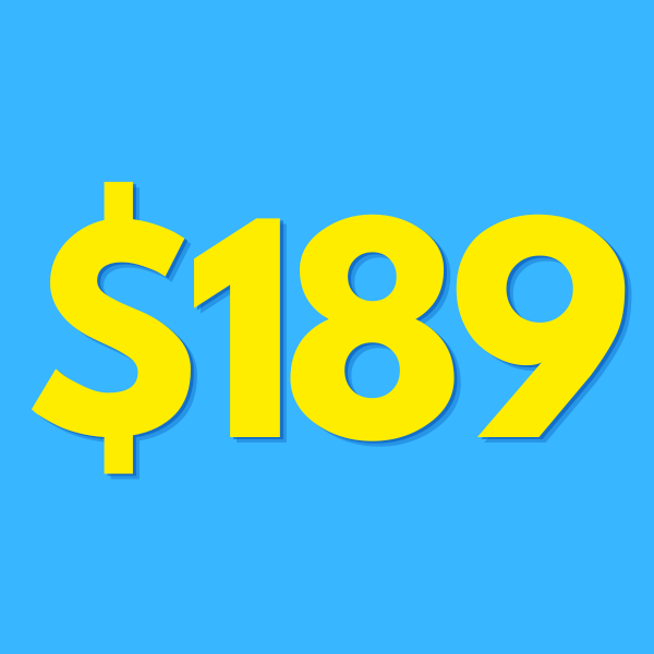 Bright yellow “$189” text on a blue background