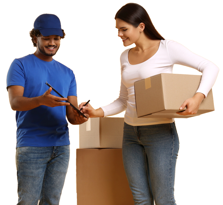 Smiling woman signing order receipt. Courier delivery.