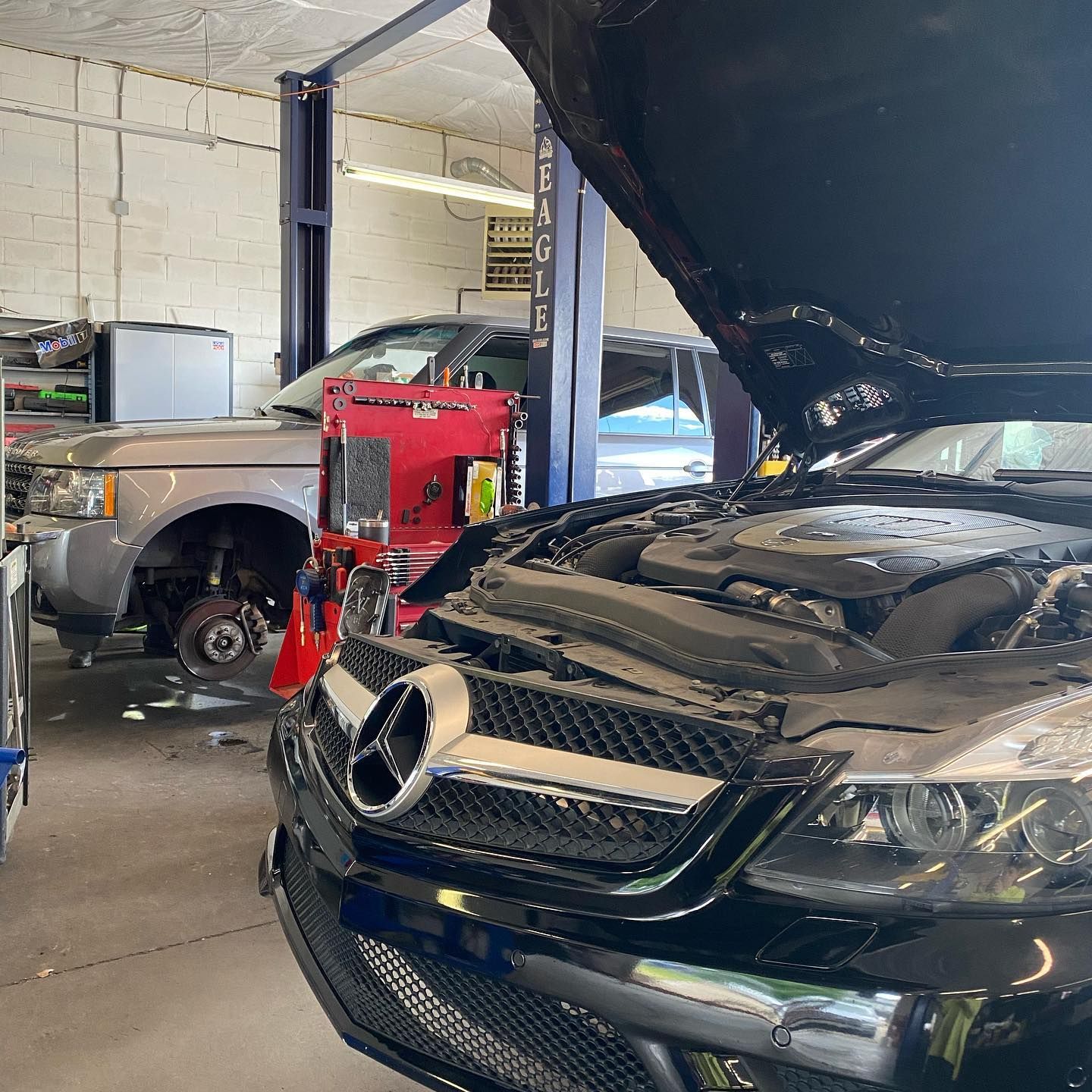 Black Mercedes Vehicle In Shop Bay With Hood Open For Inspection | EurWerks