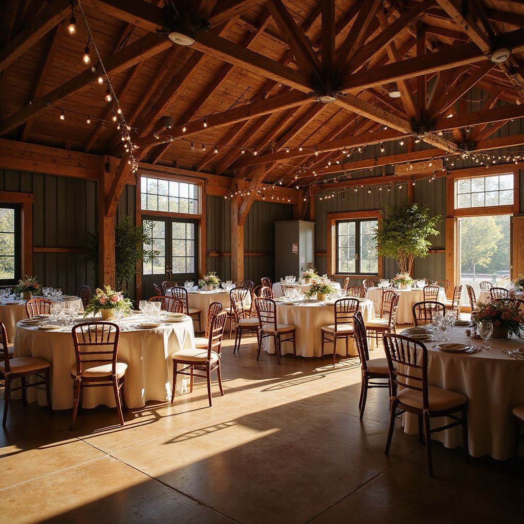 Rustic banquet hall with round tables, white linens, and sunlight streaming through large windows.