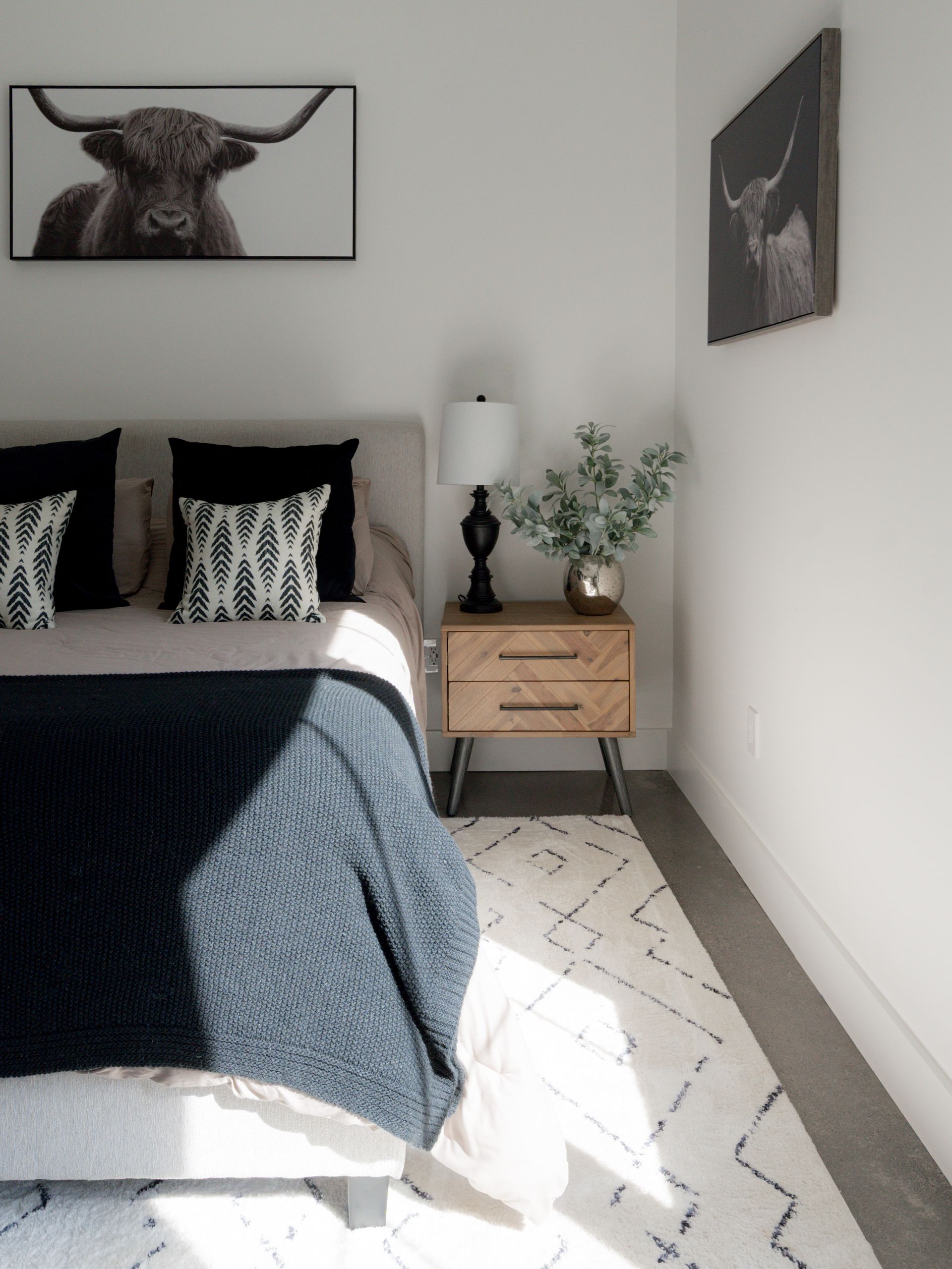 Minimal bedroom with dark bedding, cow art, and a bedside table by a sunlit rug.