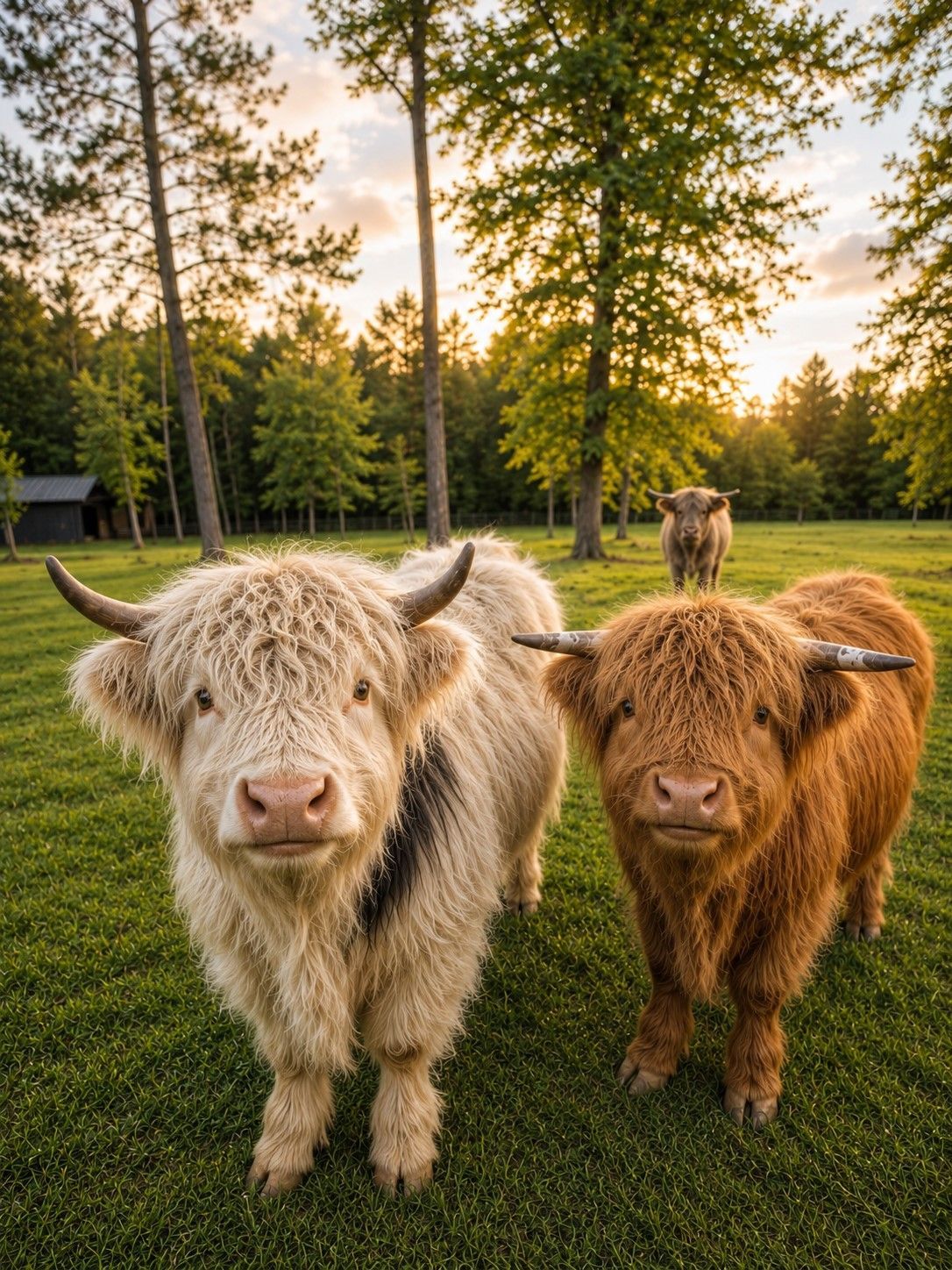 Two shaggy cows standing on grass at sunset, with trees and a road in the background