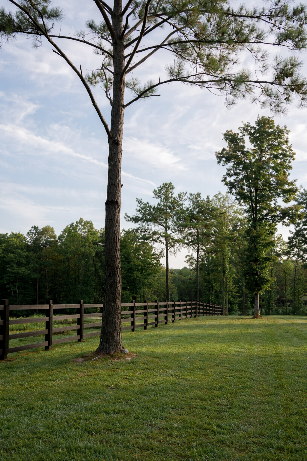 Grassy field with tall pine tree and wooden fence under a partly cloudy sky