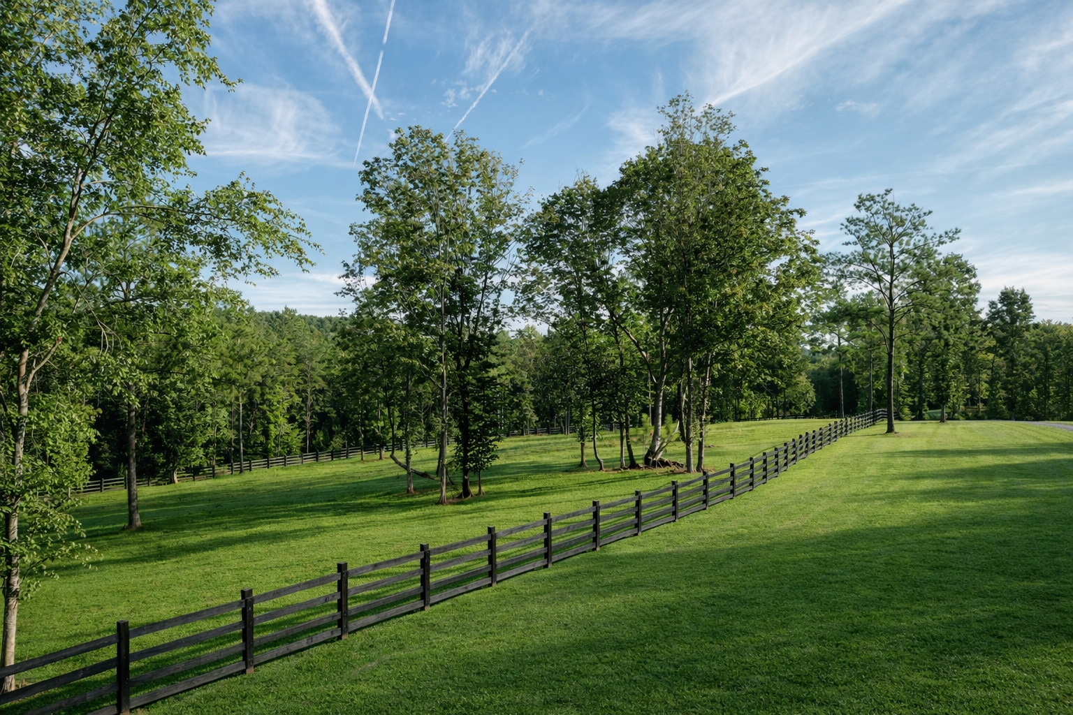 Green park with trees, a wooden fence, and a grassy hill under a blue sky