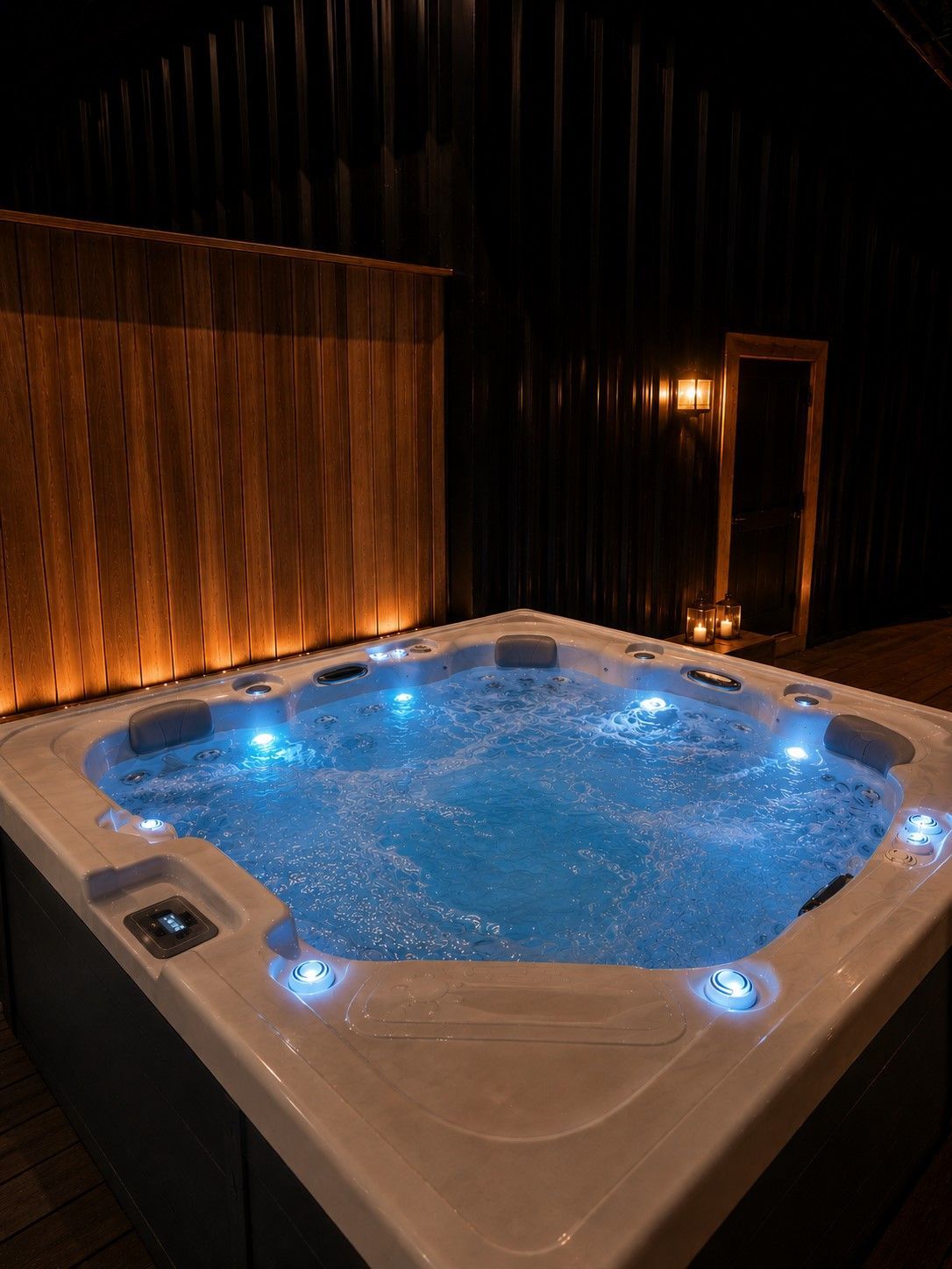 Blue-lit hot tub bubbling in a dim outdoor spa area with wooden wall and door nearby