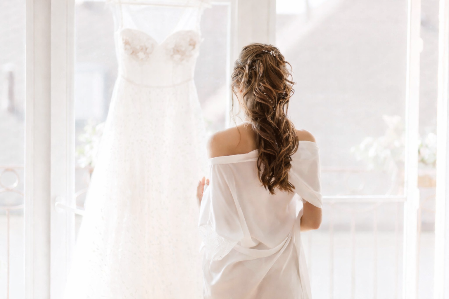 Woman in a white robe looking at a wedding dress hanging by a bright window