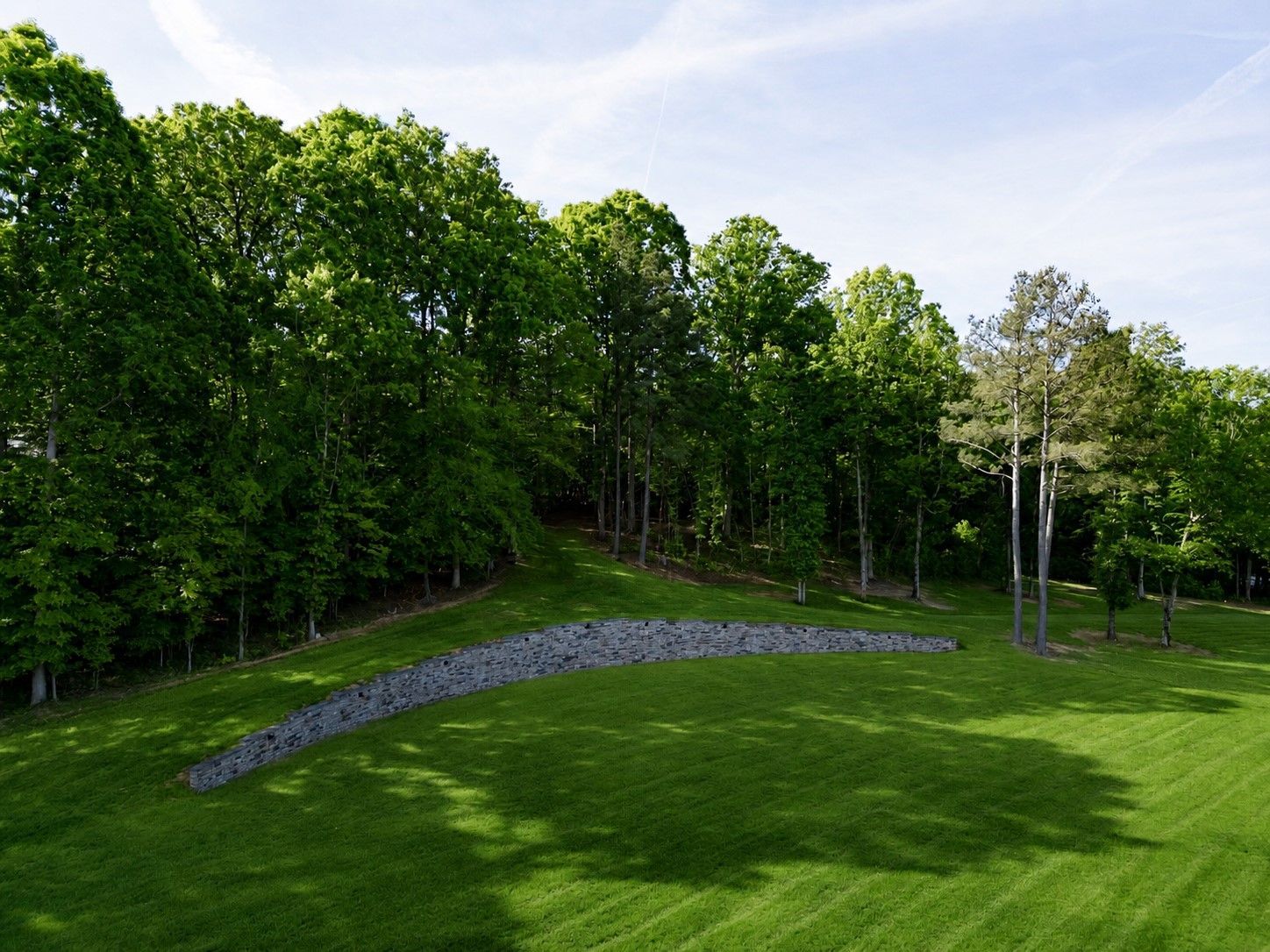 Lush green lawn bordered by trees and a curved flower bed under a bright sky