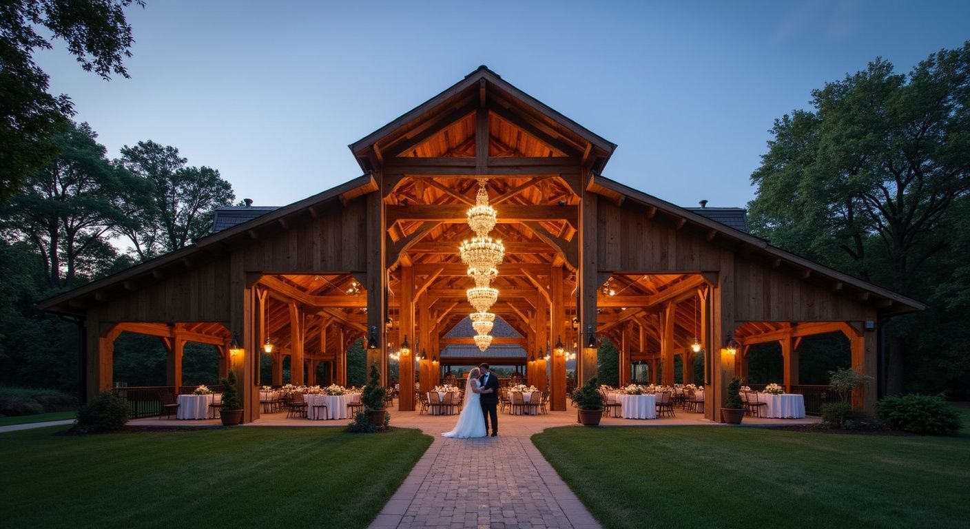 Rustic barn venue at dusk with warm lights, long aisle, and a couple standing at the altar