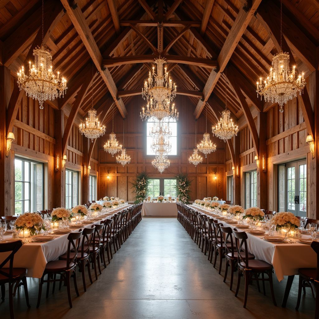 Long wooden barn dining hall set for a formal banquet with chandeliers and long tables