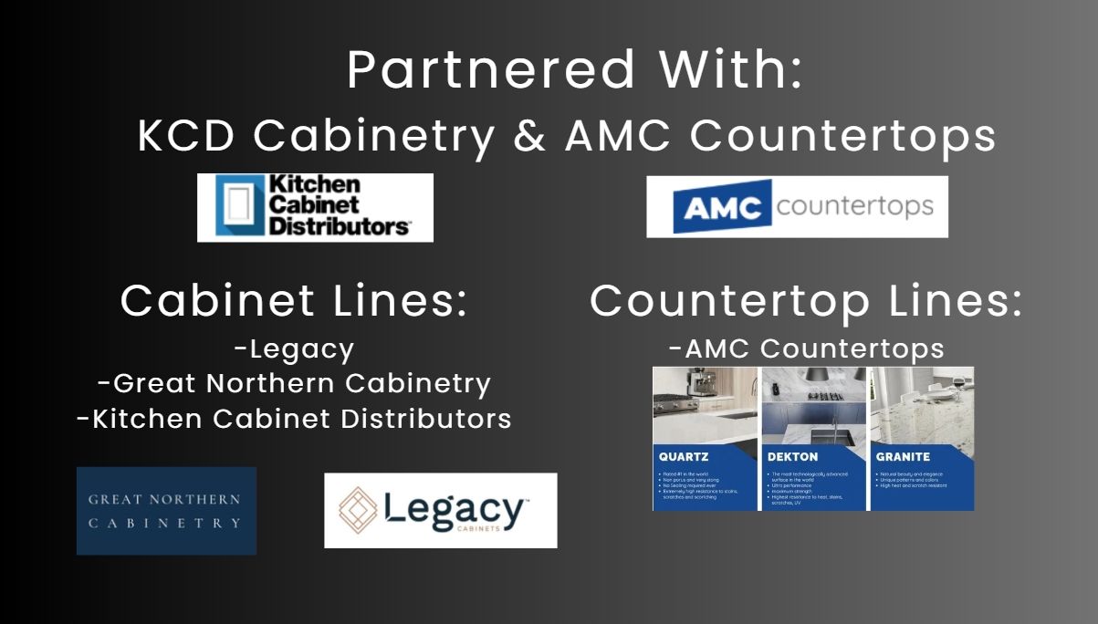 A graphic listing partners KCD Cabinetry and AMC Countertops, along with available cabinet and countertop product lines.