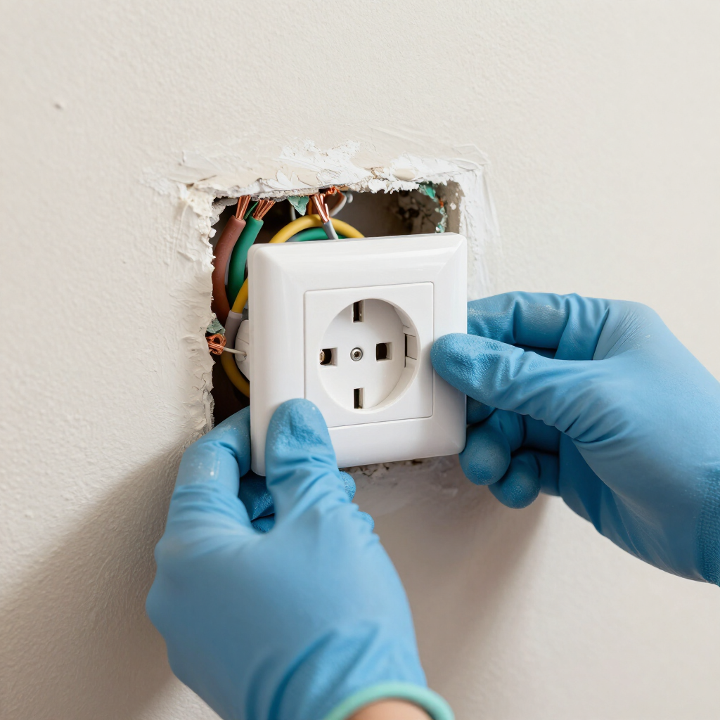 Electrical Services in Kent, WA show a technician installing a new wall outlet with exposed electrical wiring.