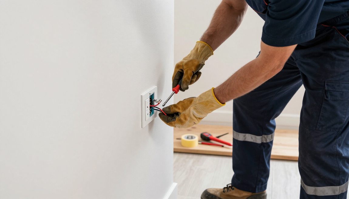 Electrical Services in Kent, WA show a technician using tools to install an electrical outlet on a wall.