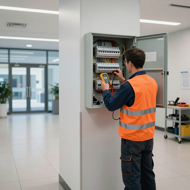 Electrician testing an electrical panel during Electrical Services in Kent, WA for safe system performance.