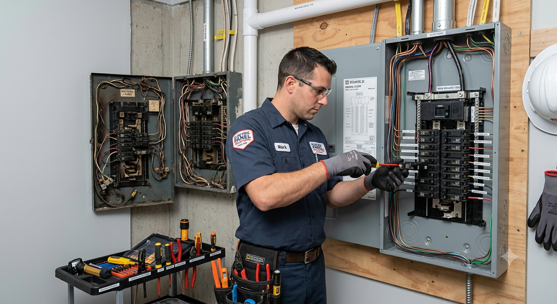 Licensed electrician inspecting a breaker panel for Electrical Services in Kent, WA to improve electrical safety.