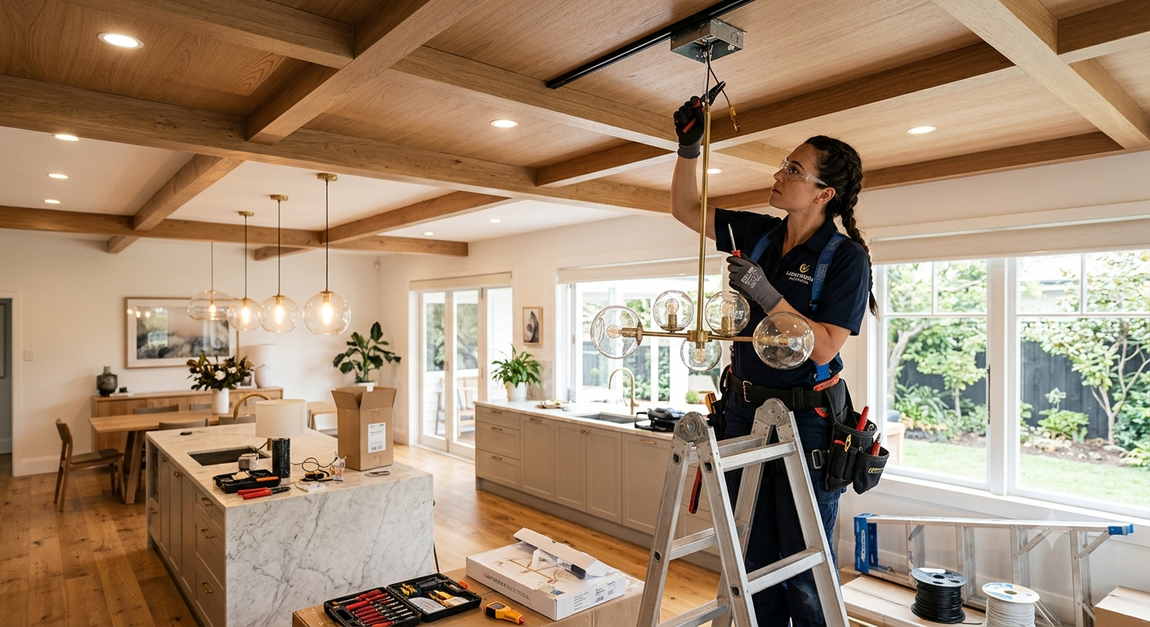 Electrician installing a ceiling light during Electrical Services in Kent, WA for a modern home upgrade.