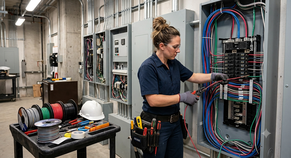 Electrician organizing electrical wiring inside a breaker panel for Electrical Services in Kent, WA.