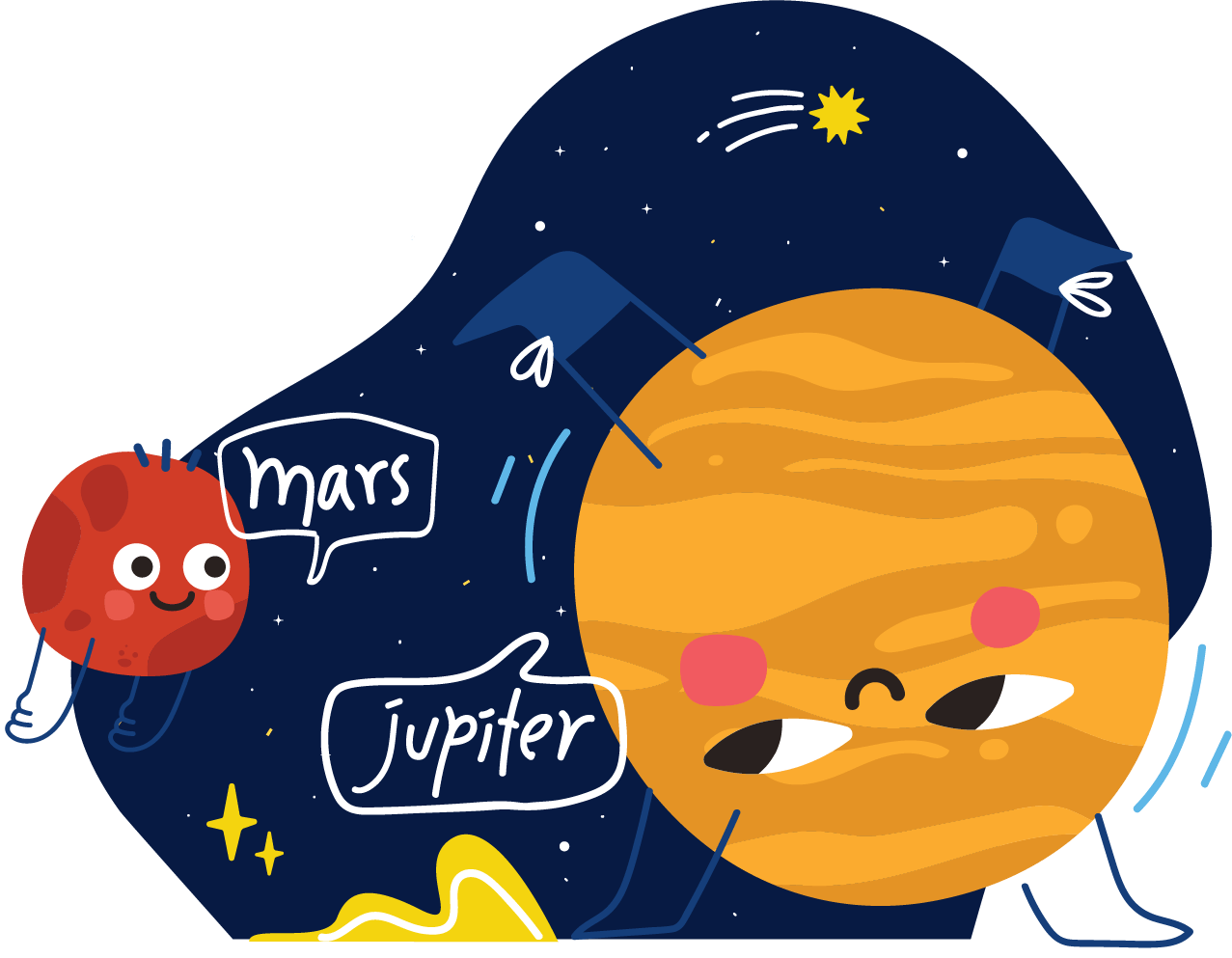 Illustrated planet Jupiter does a handstand in front of Mars.