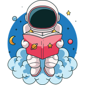 Astronaut reading a book in space.