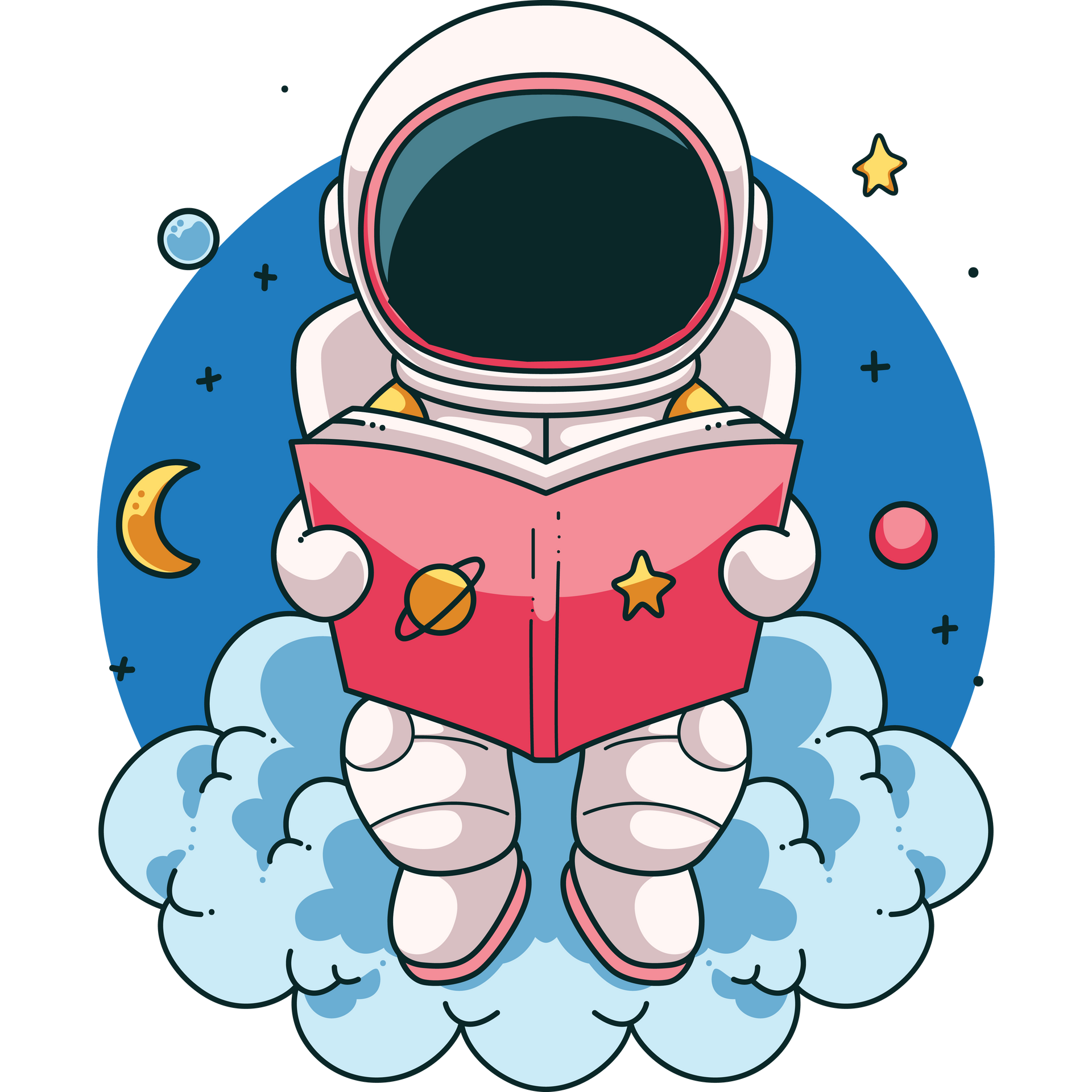 Astronaut reading a book in space.