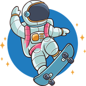 Astronaut having fun on a skateboard.