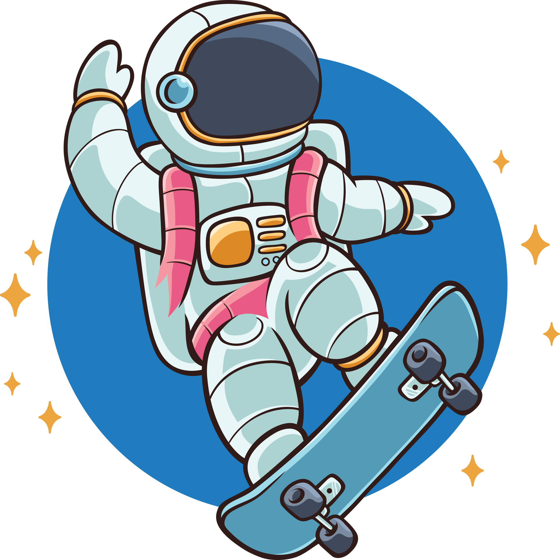 Astronaut having fun on a skateboard.