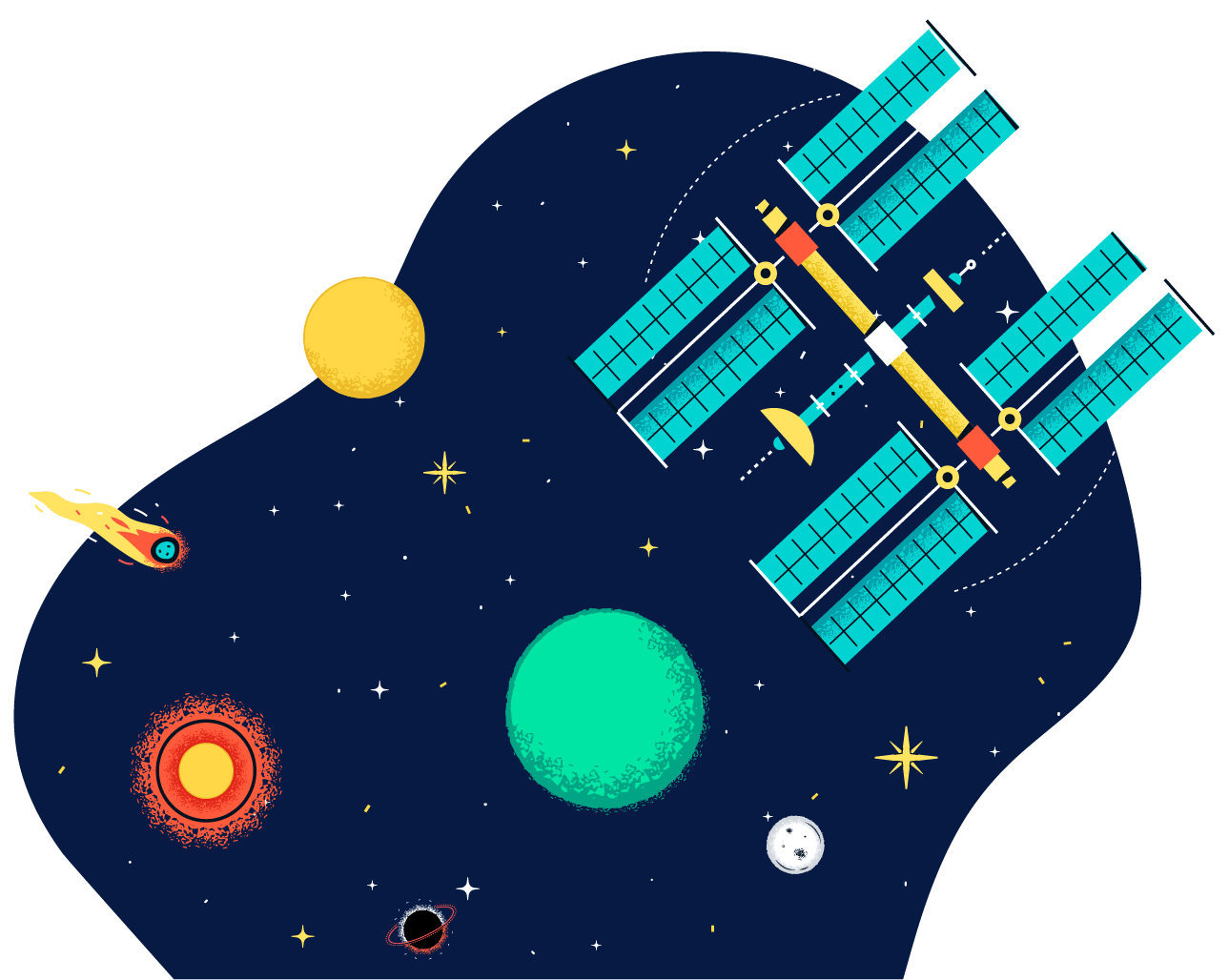 Satellite in space with planets, stars, and asteroid.