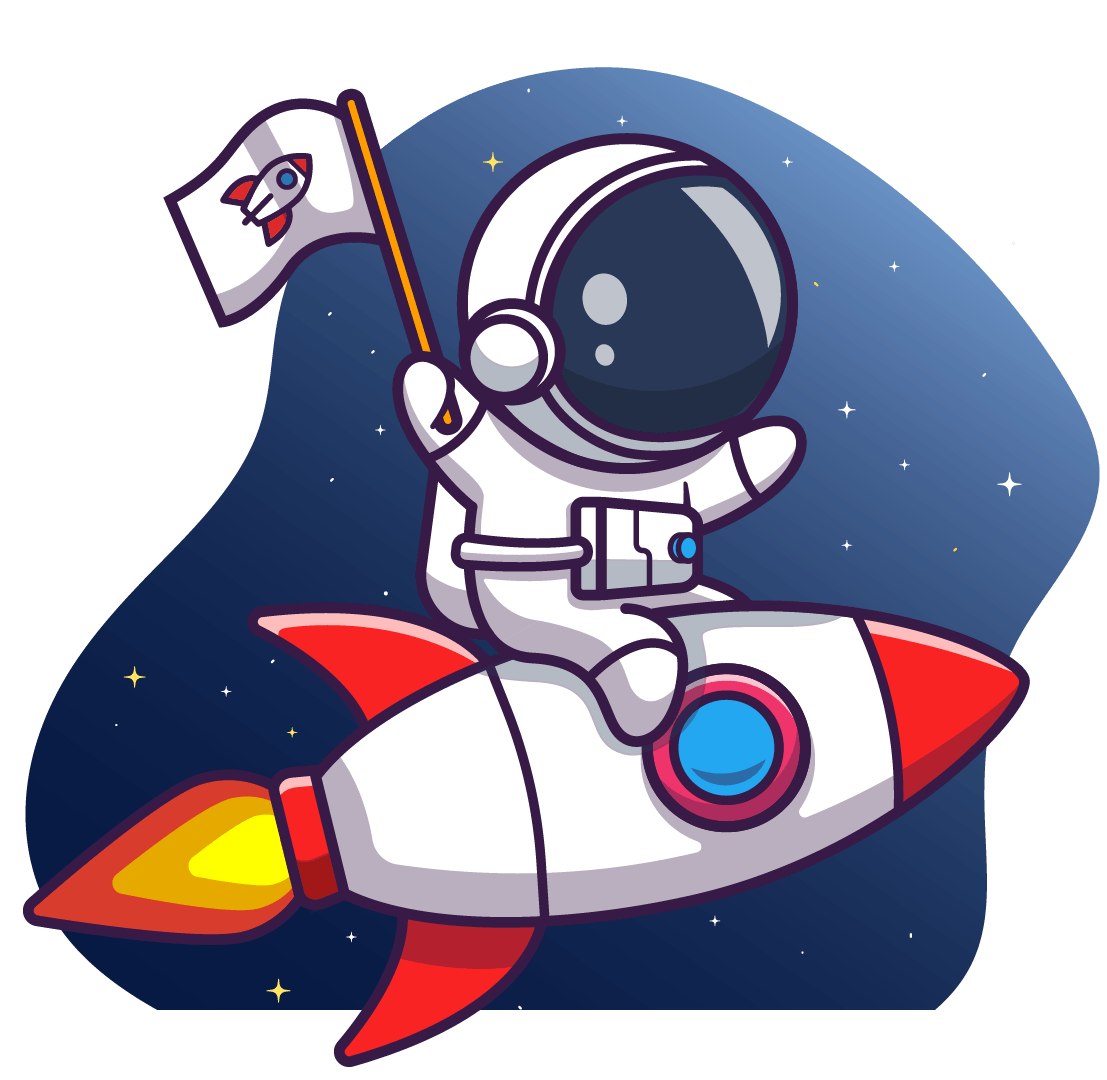 Astronaut riding on top of a small rocket.