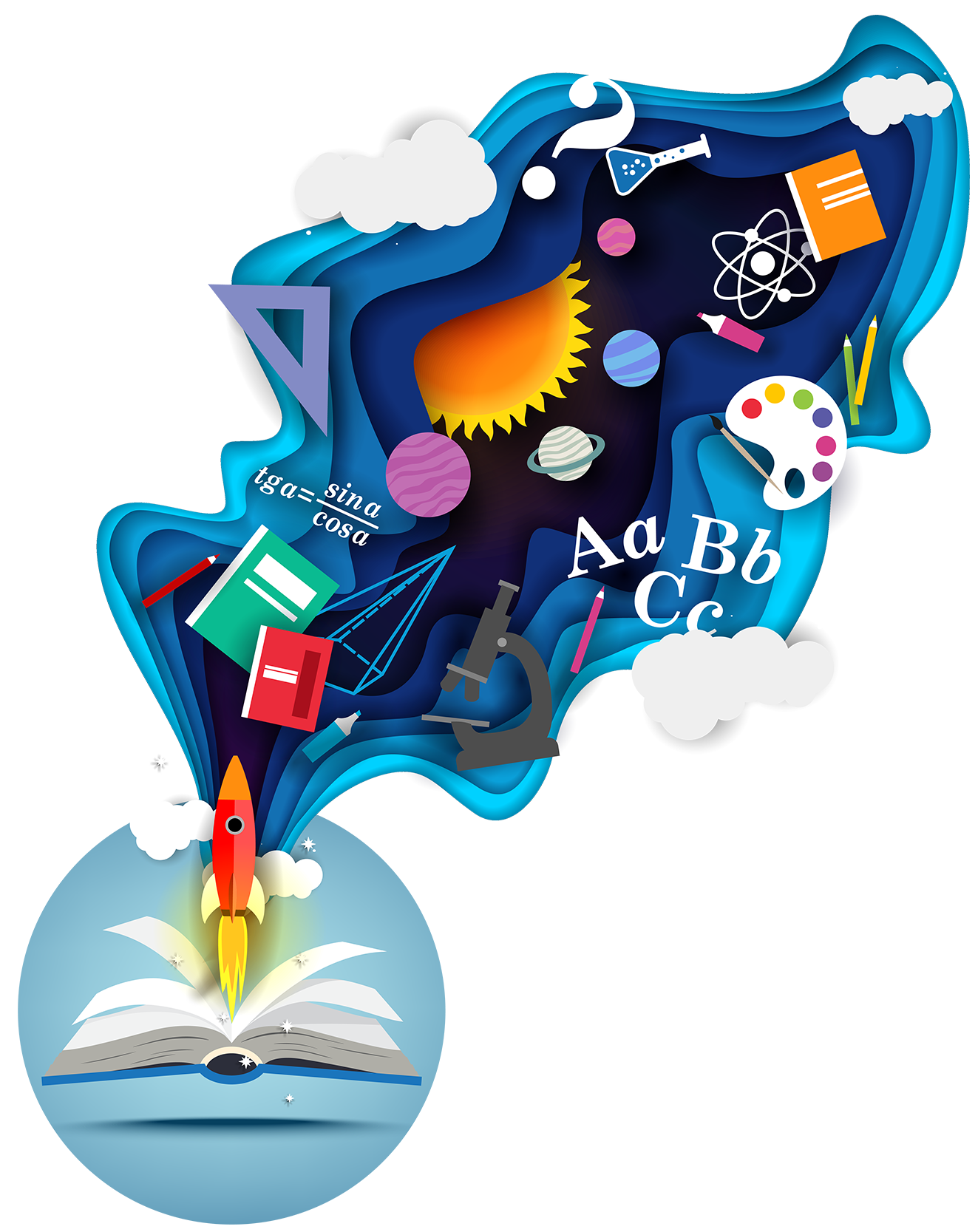 Open book with a rocket blasting out and a collage of S.T.E.A.M. related items.
