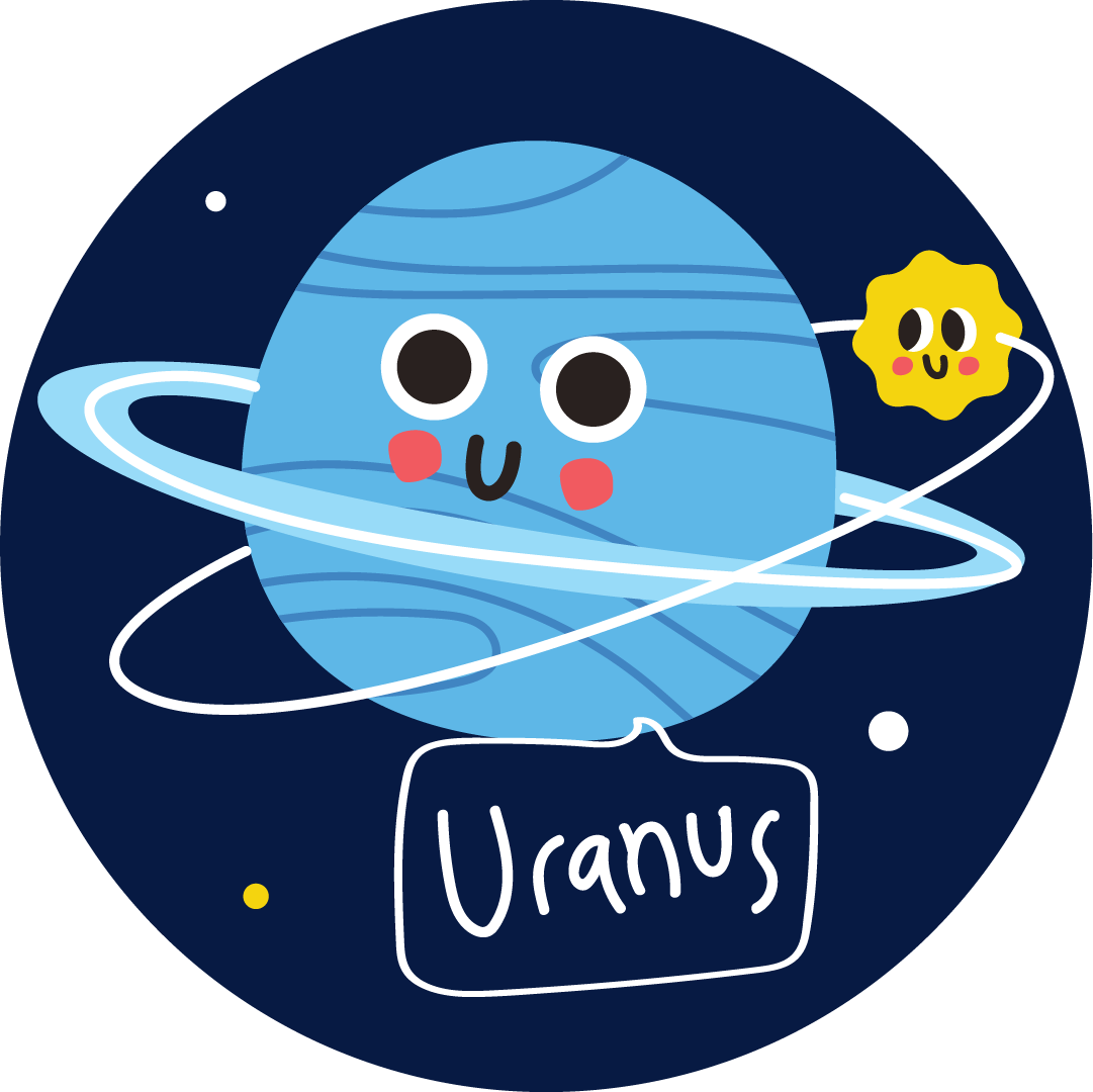 Cartoon planet Uranus with a small smiling sun in space.