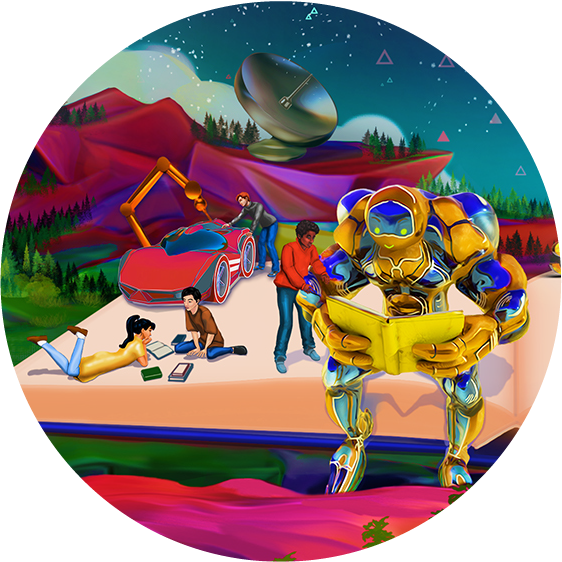 Futuristic illustration of young people and a robot reading in a STEAM-inspired world.