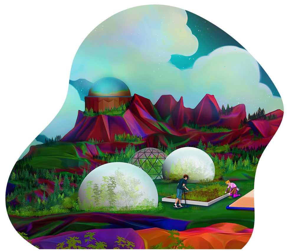 Futuristic planet with spherical greenhouses and two students gardening.