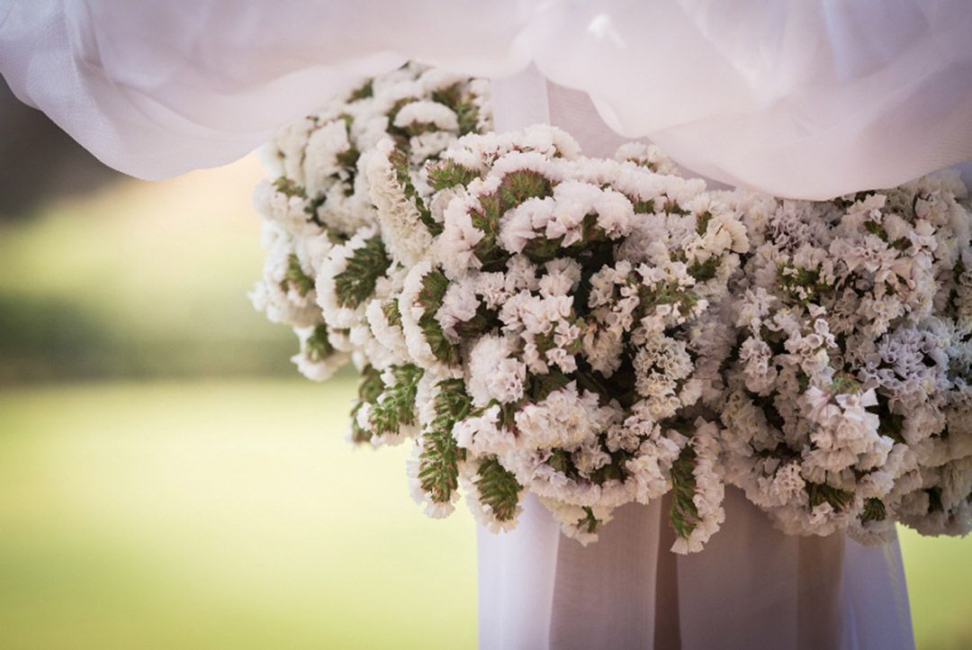 Un primer plano de un ramo de flores blancas sobre una mesa.