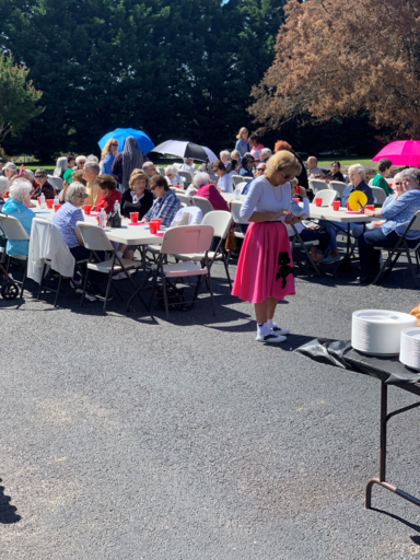 Outdoor picnic with people seated at tables, and a child in a pink skirt standing nearby.