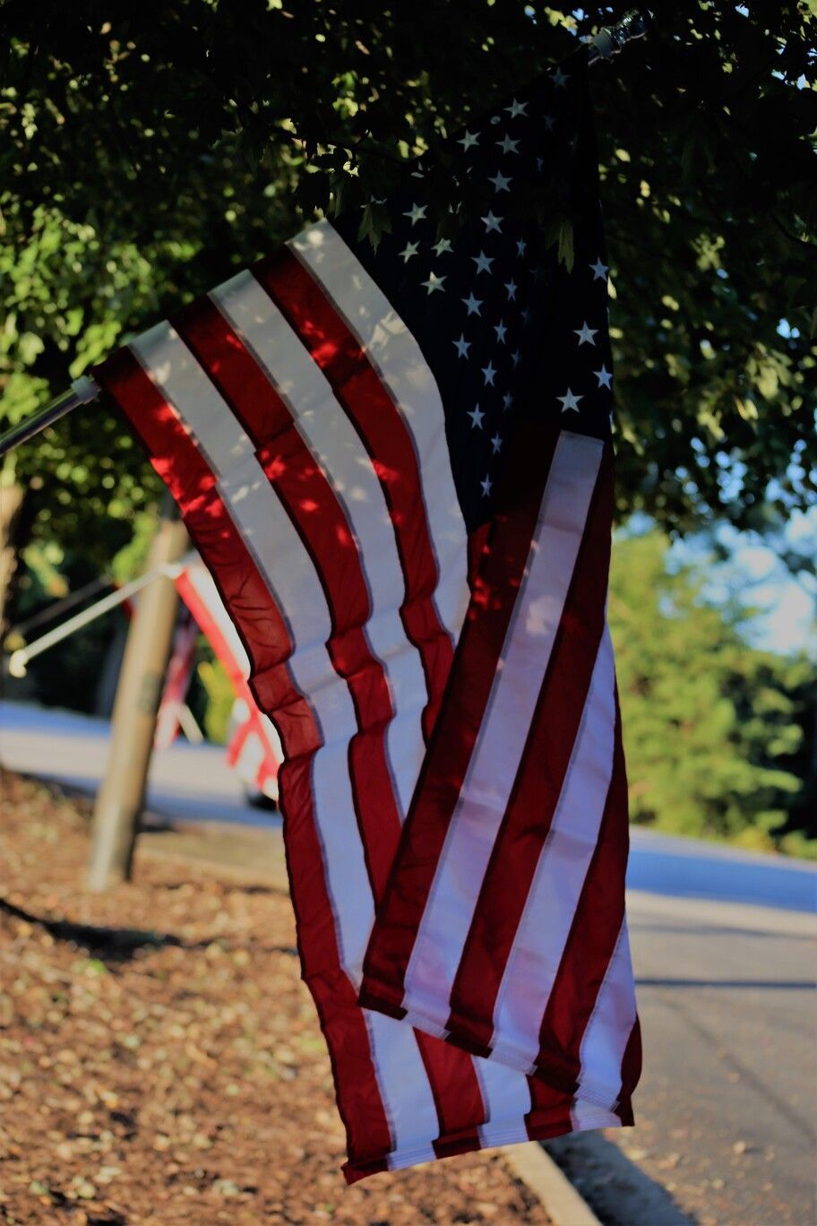 American flag hanging outdoors near a road, with trees in the background
