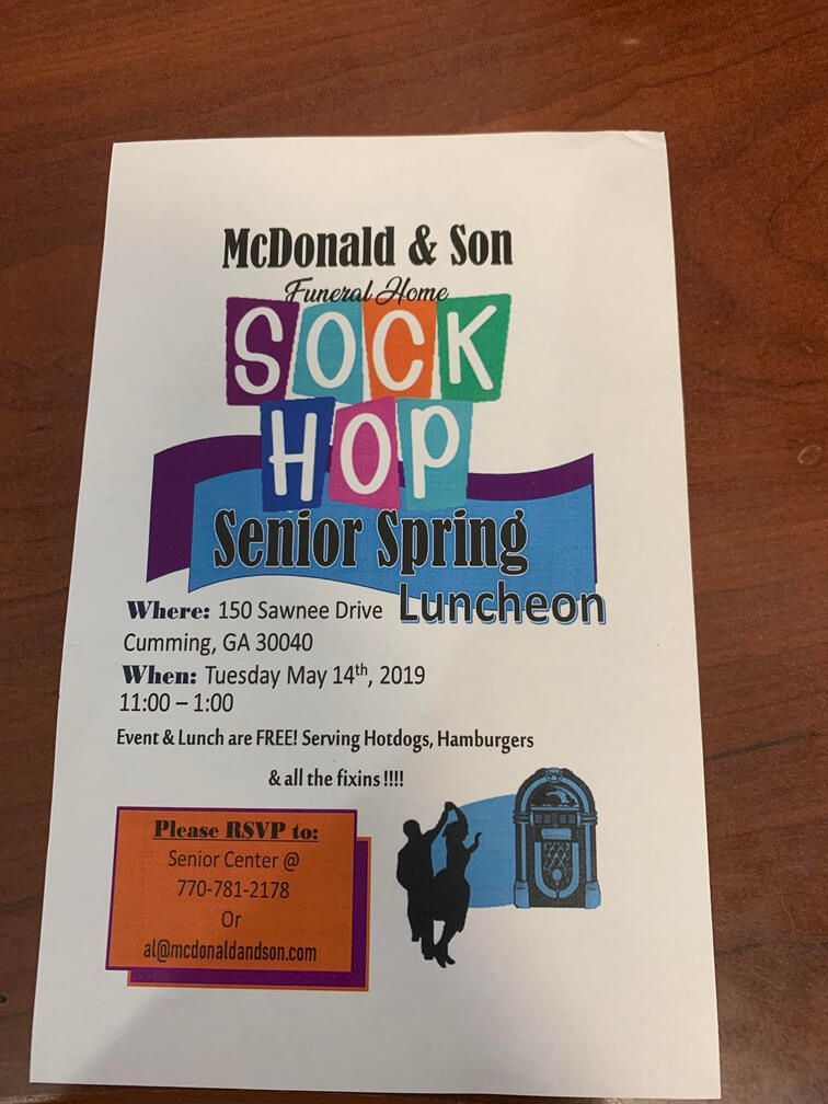 McDonald & Son Sock Hop senior spring luncheon flyer with colorful block letters and blue jukebox graphic