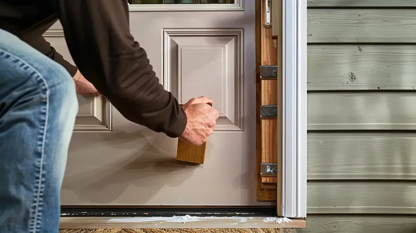 A person wipes the lower part of a front door with a sponge near the threshold.