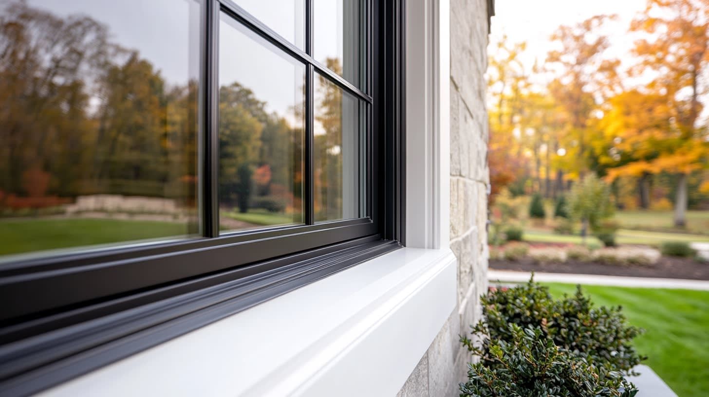 Close-up of a white house window overlooking a lawn and autumn trees.