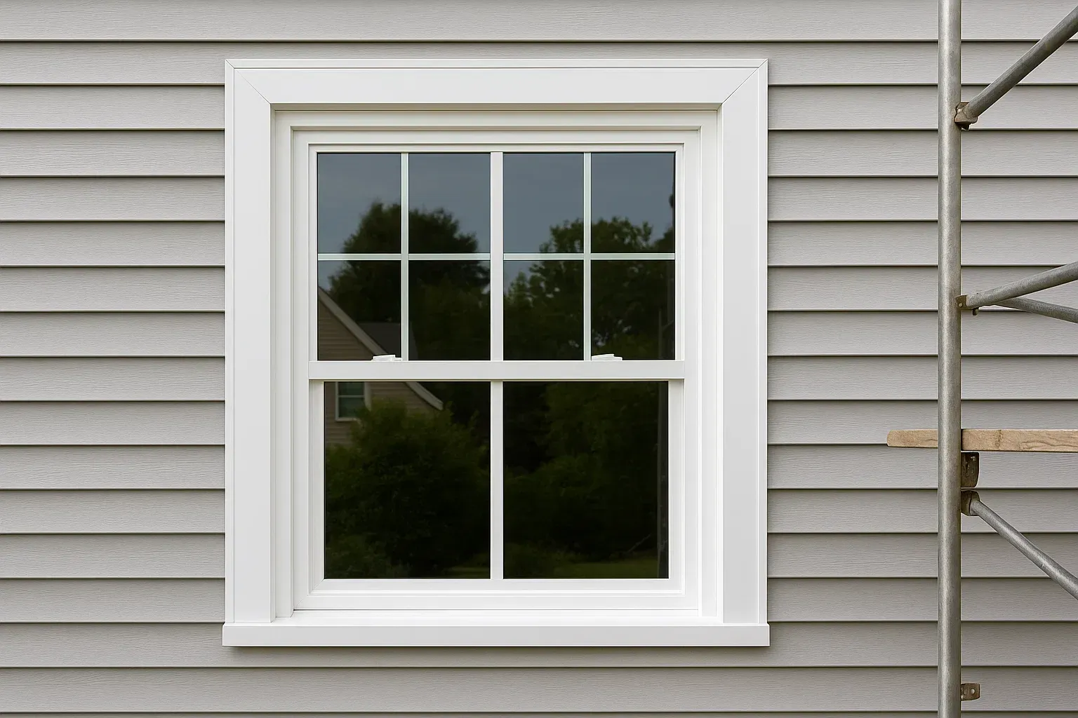 White-framed double-hung window on gray vinyl siding with reflective glass panes