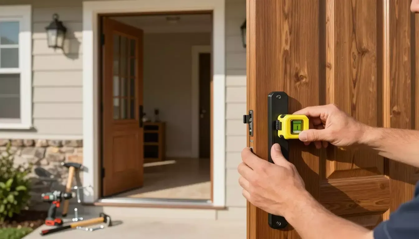 Hand measuring a door lock on a wooden front door at a house entrance.