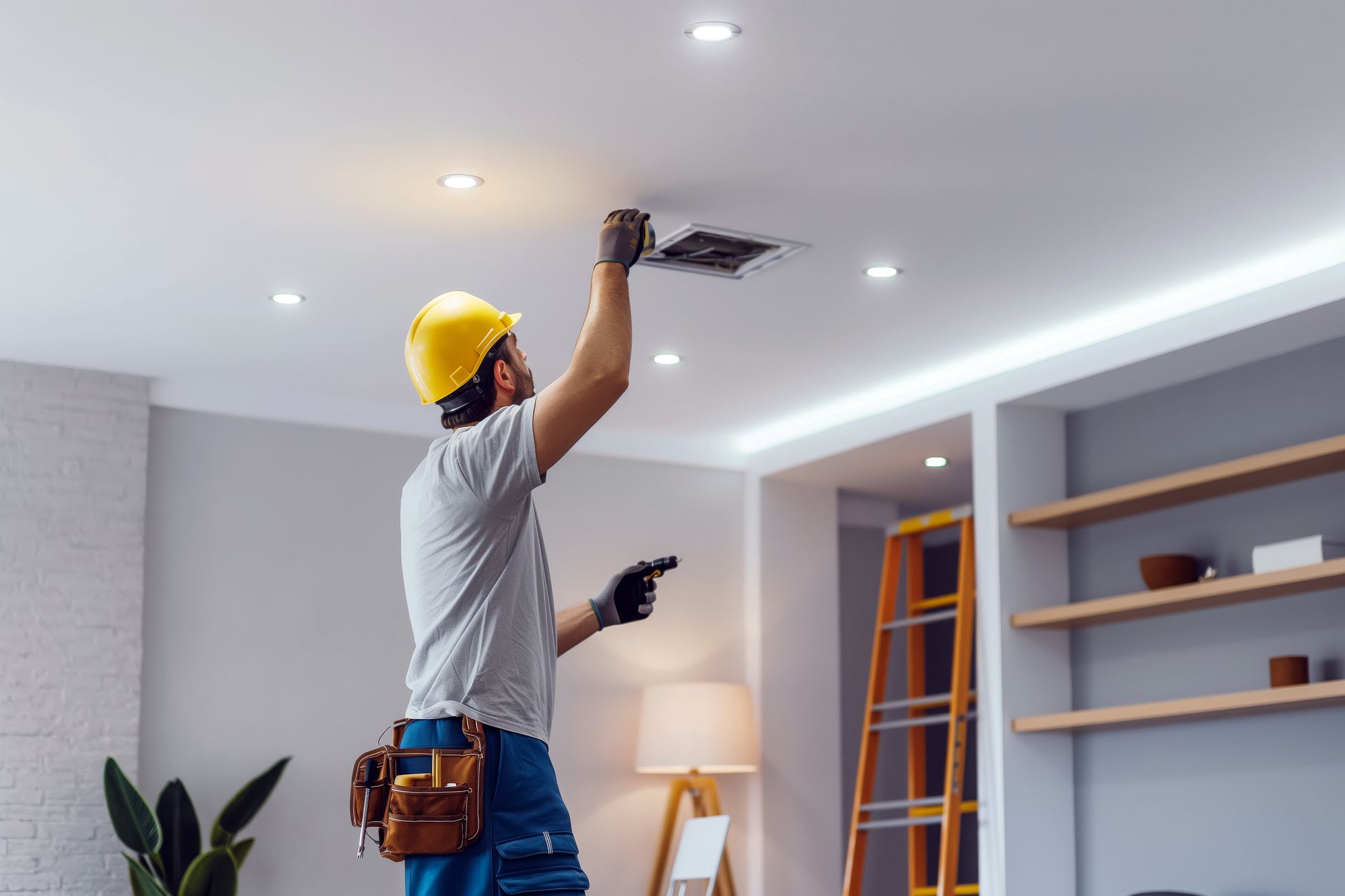 Electrician in hard hat inspecting a ceiling light fixture in a home.