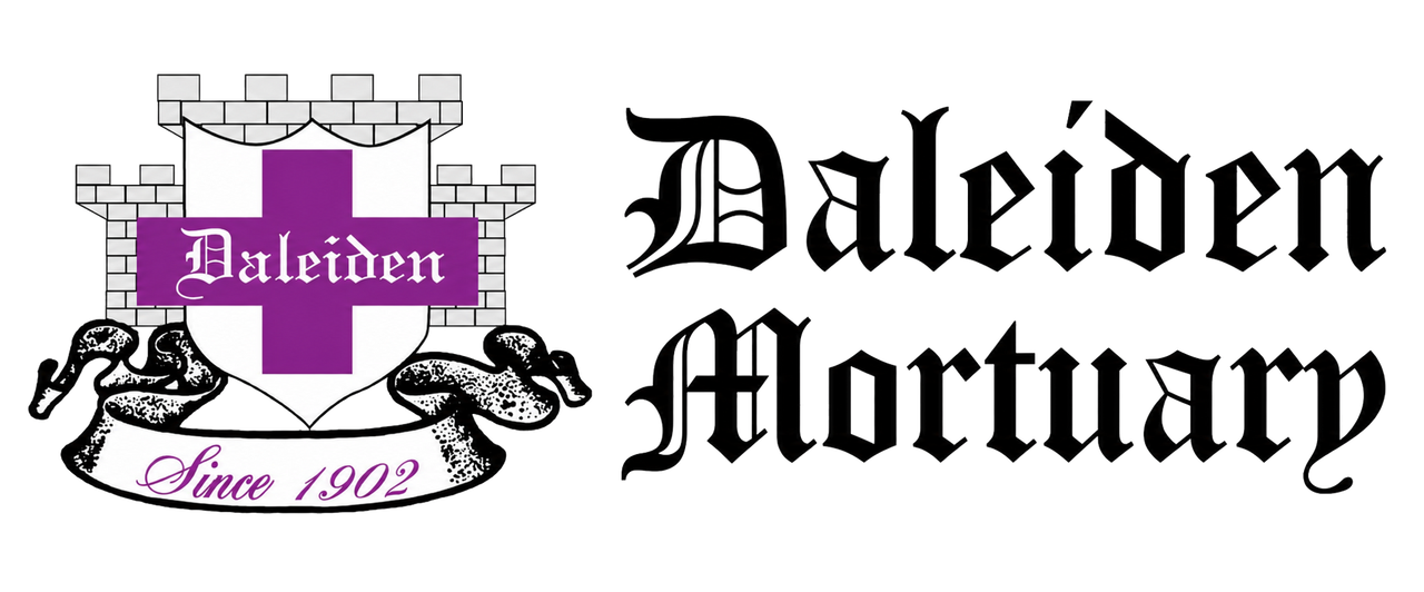 Daliden Mortuary logo with purple script and crest, 220 N. Lake Street, Aurora, IL 60506
