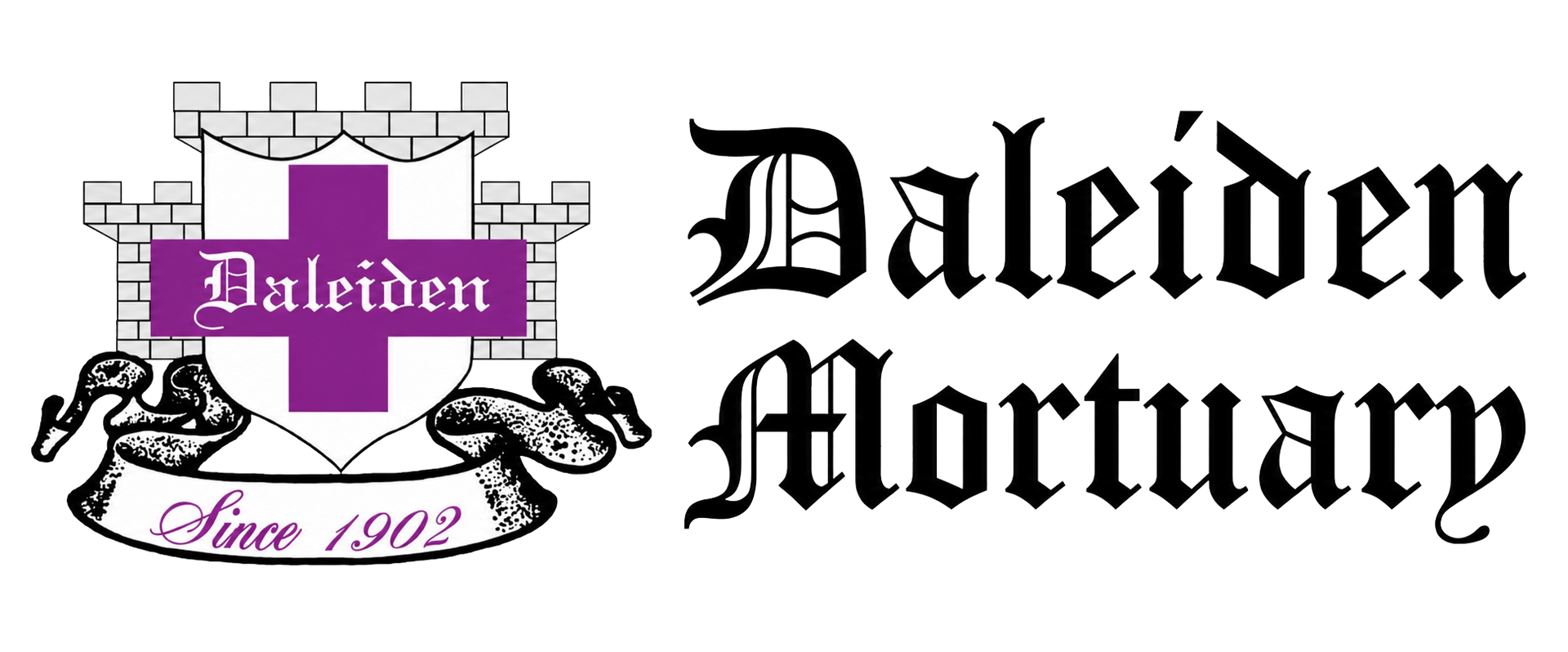 Daliden Mortuary logo with purple script and crest, 220 N. Lake Street, Aurora, IL 60506