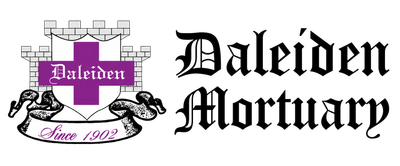 Daliden Mortuary logo with purple script and crest, 220 N. Lake Street, Aurora, IL 60506