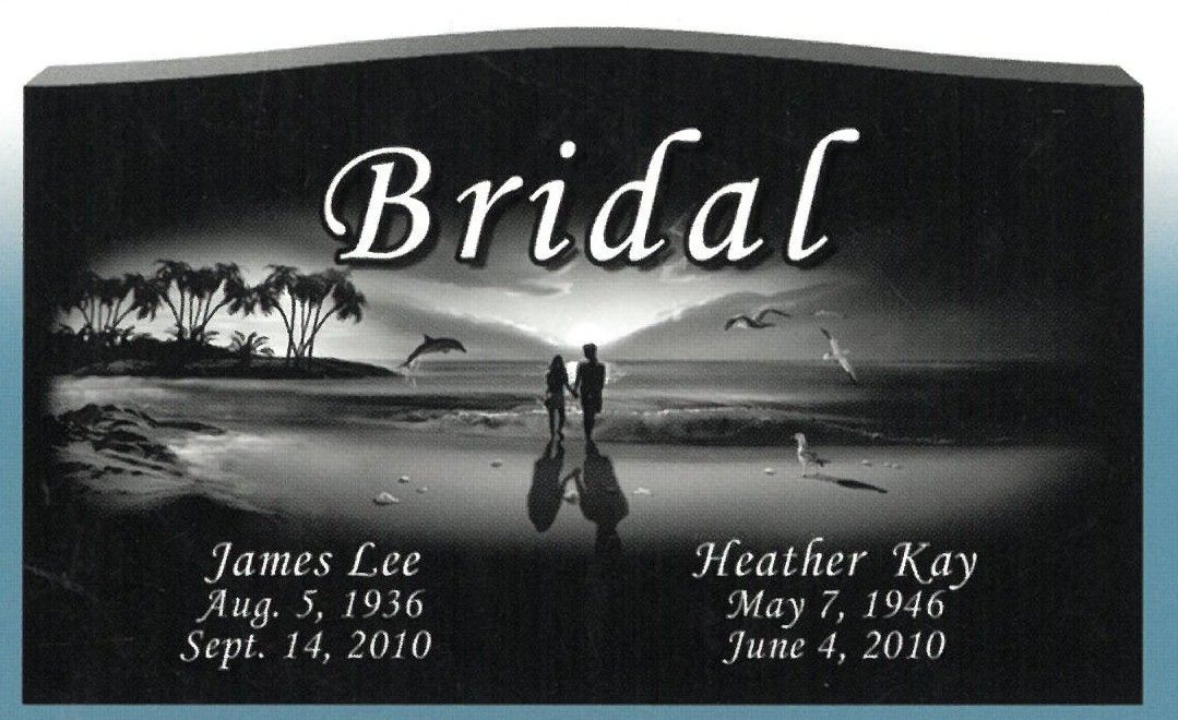 Bridal gravestone with couple silhouette on a beach at sunset, inscribed with James Lee and Heather Kay